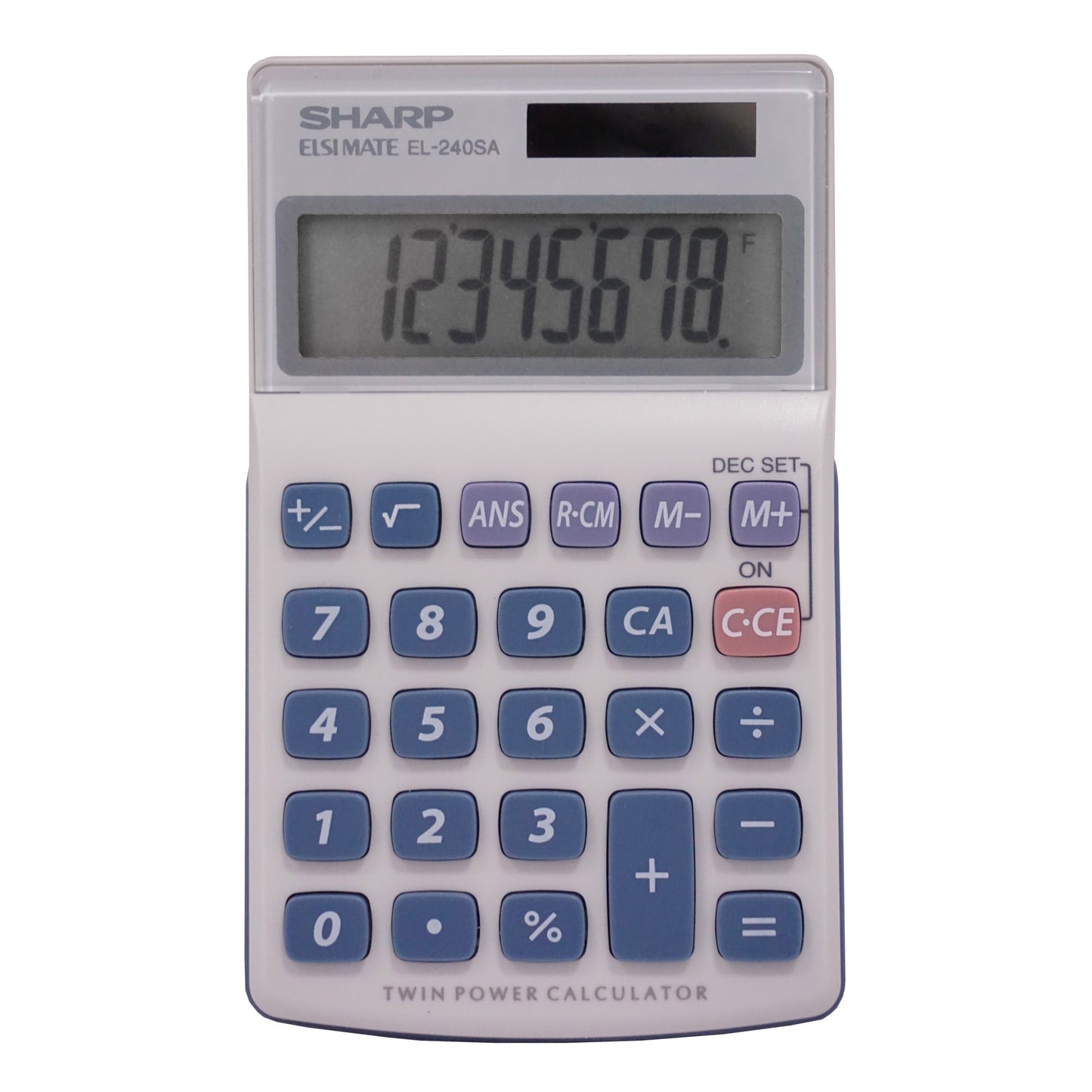 white handheld calculator with blue keys