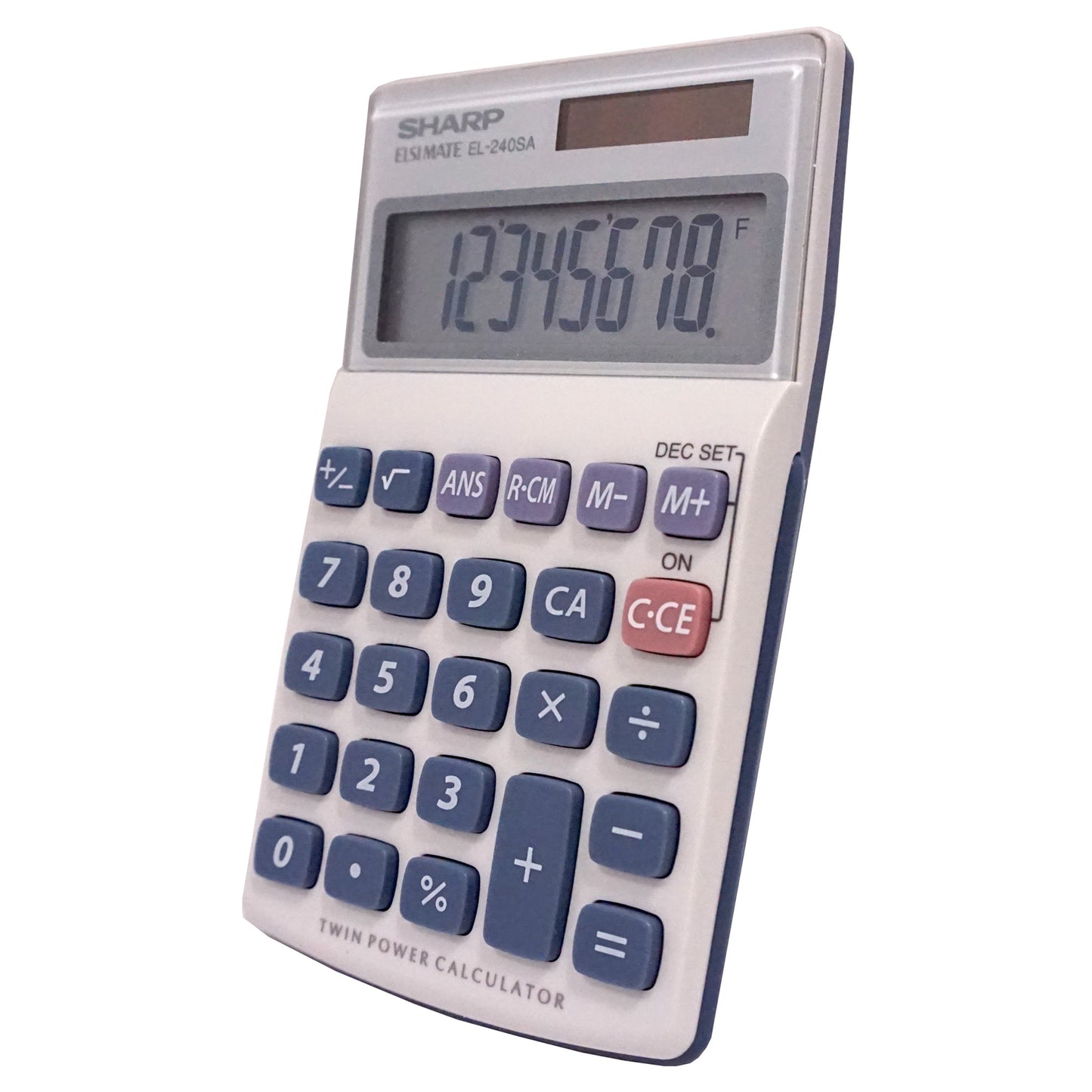 white handheld calculator with blue keys