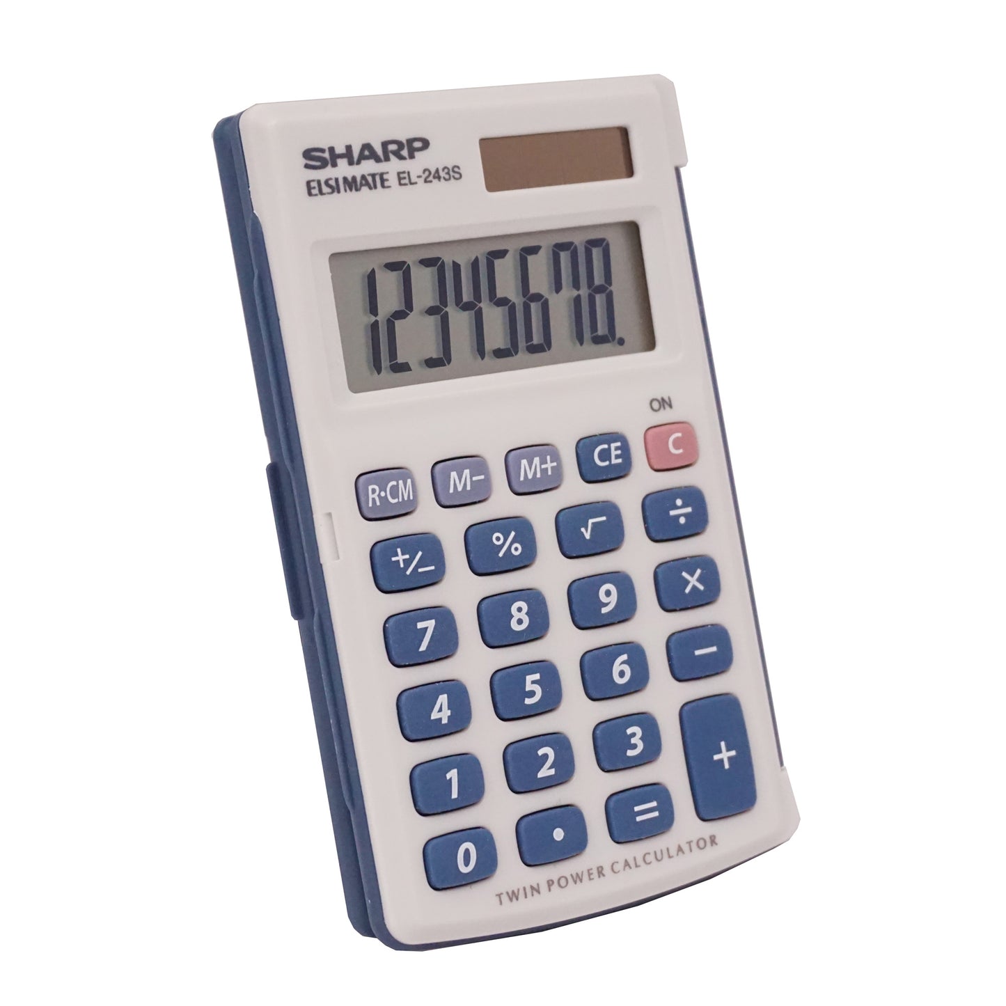 white pocket calculator with blue keys and hinged blue cover