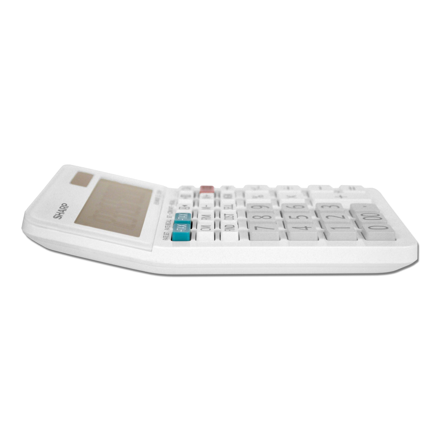 side view of white desktop calculator with angled display