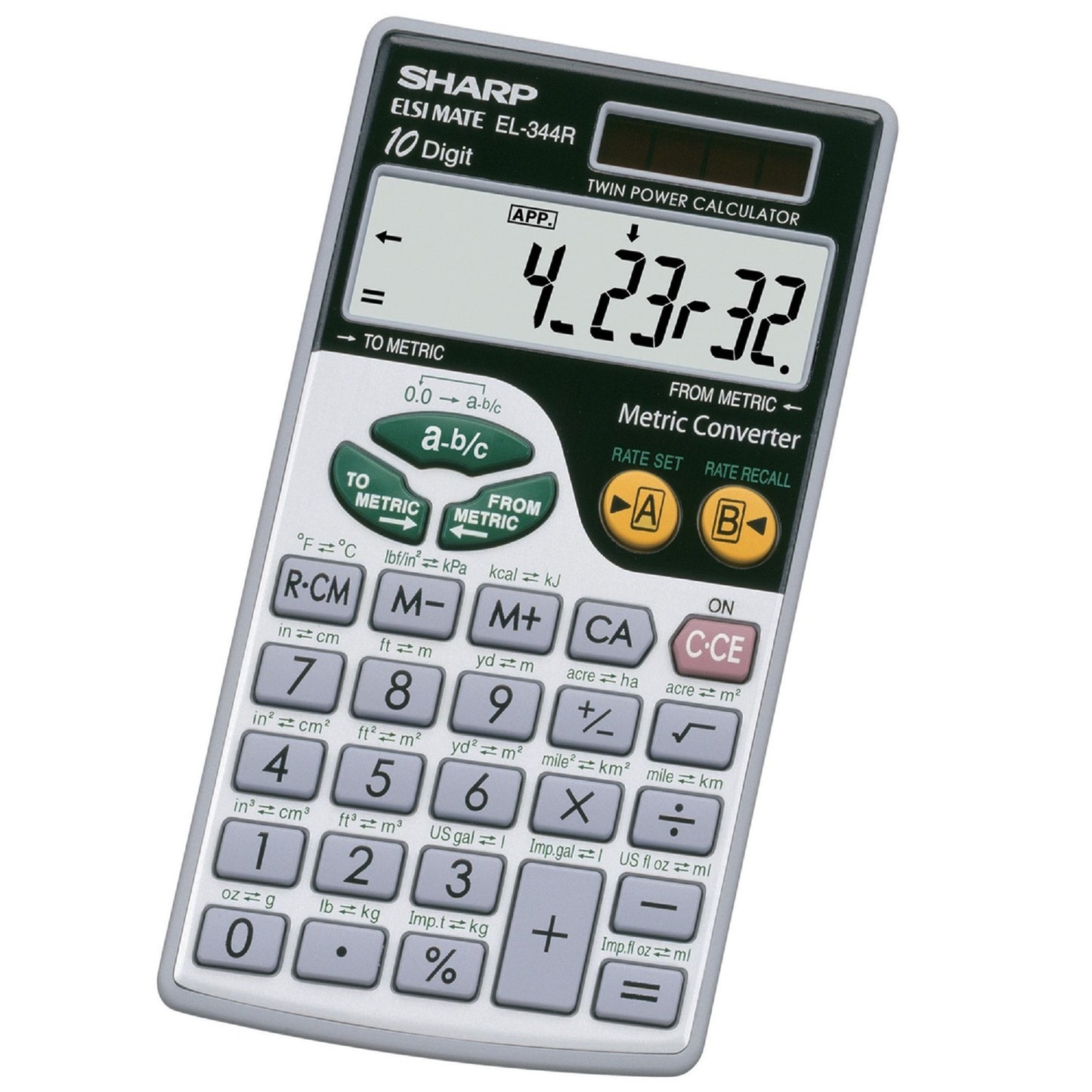 handheld calculator with metric conversion function on a white background