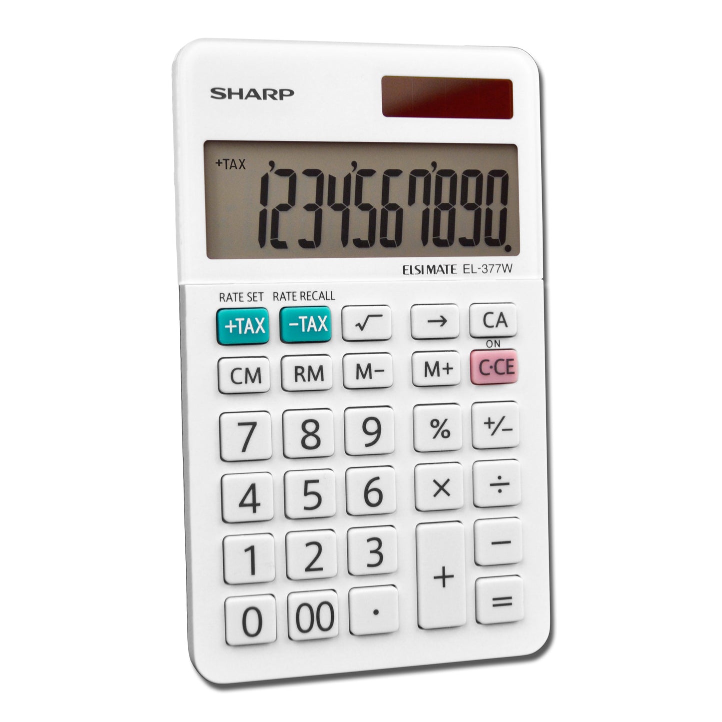 white handheld calculator with tax and backspace keys