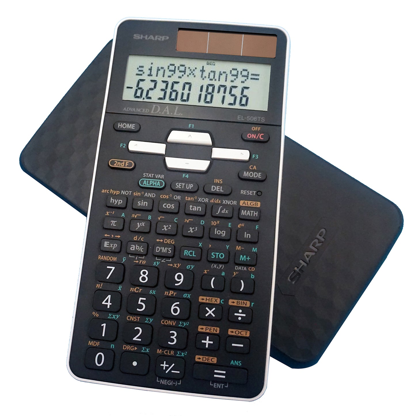 black scientific calculator with two line display and sliding hard cover