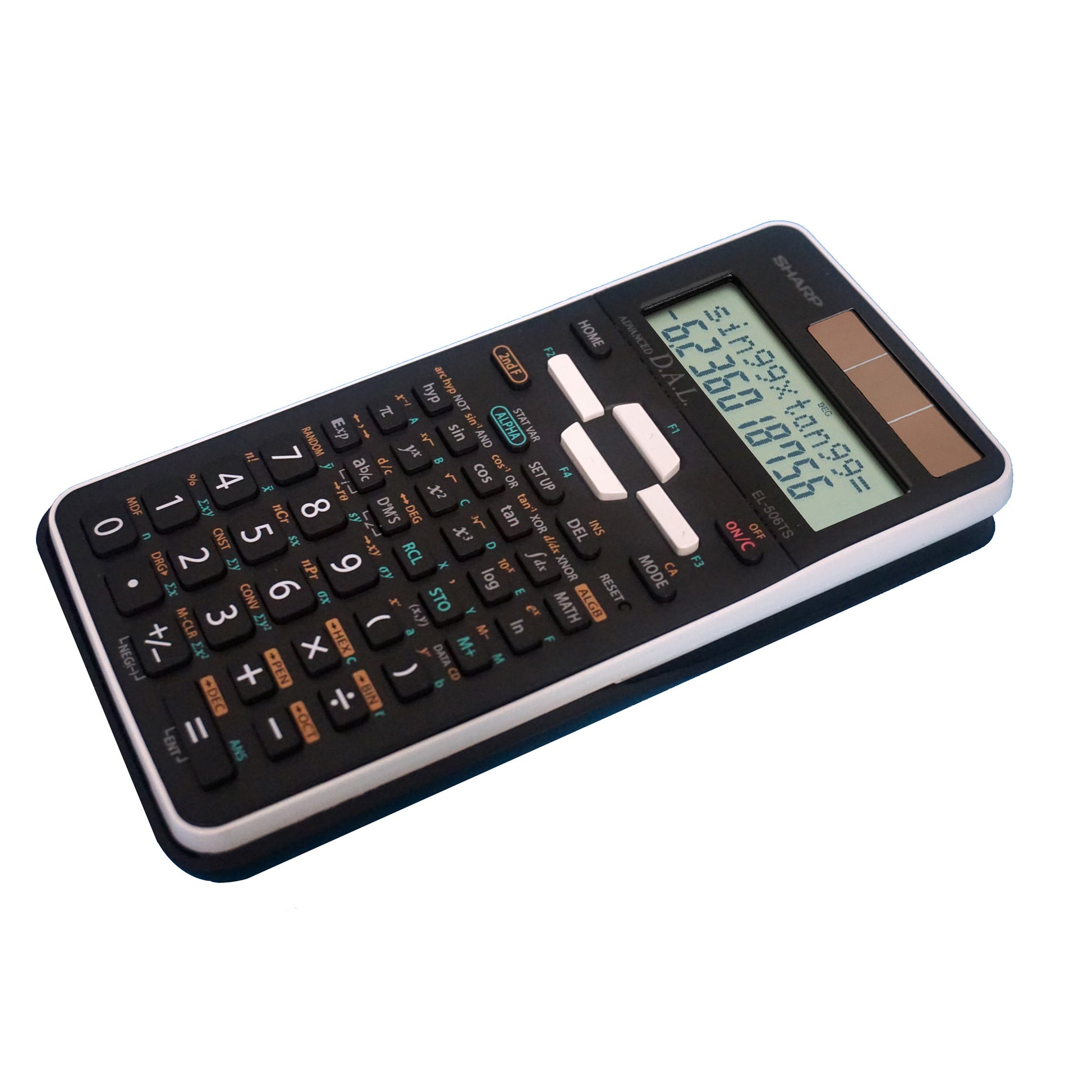 black scientific calculator with two line display and sliding hard cover