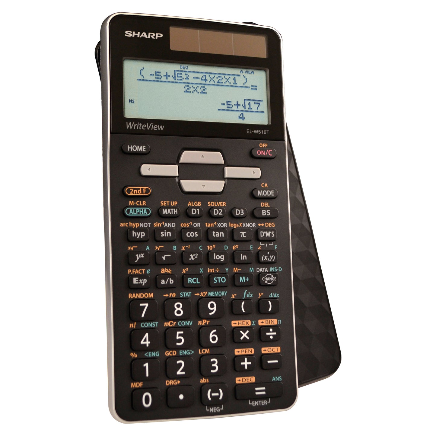 black scientific calculator with writeview textbook display and sliding hard cover