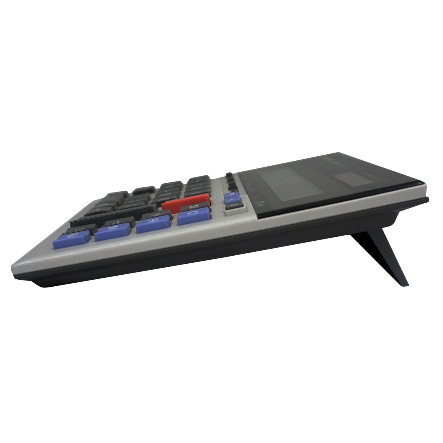 side view of flat desktop calculator with kickstand