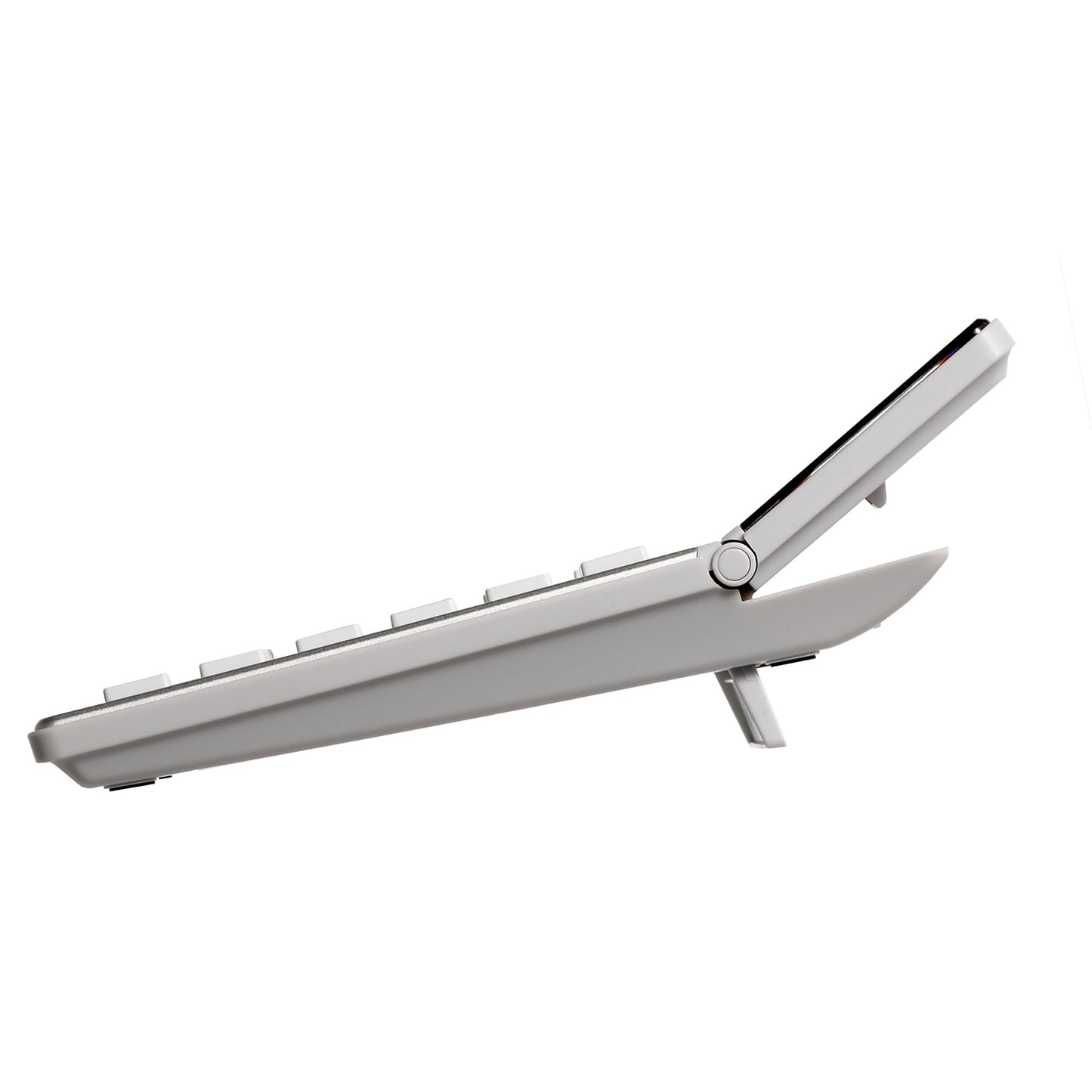 side view of desktop calculator with adjustable angle display and kickstand