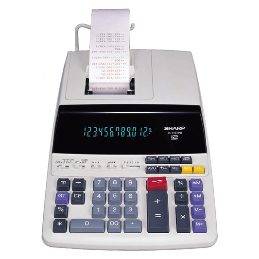 off-white color printing calculator with black and red text on the printed paper