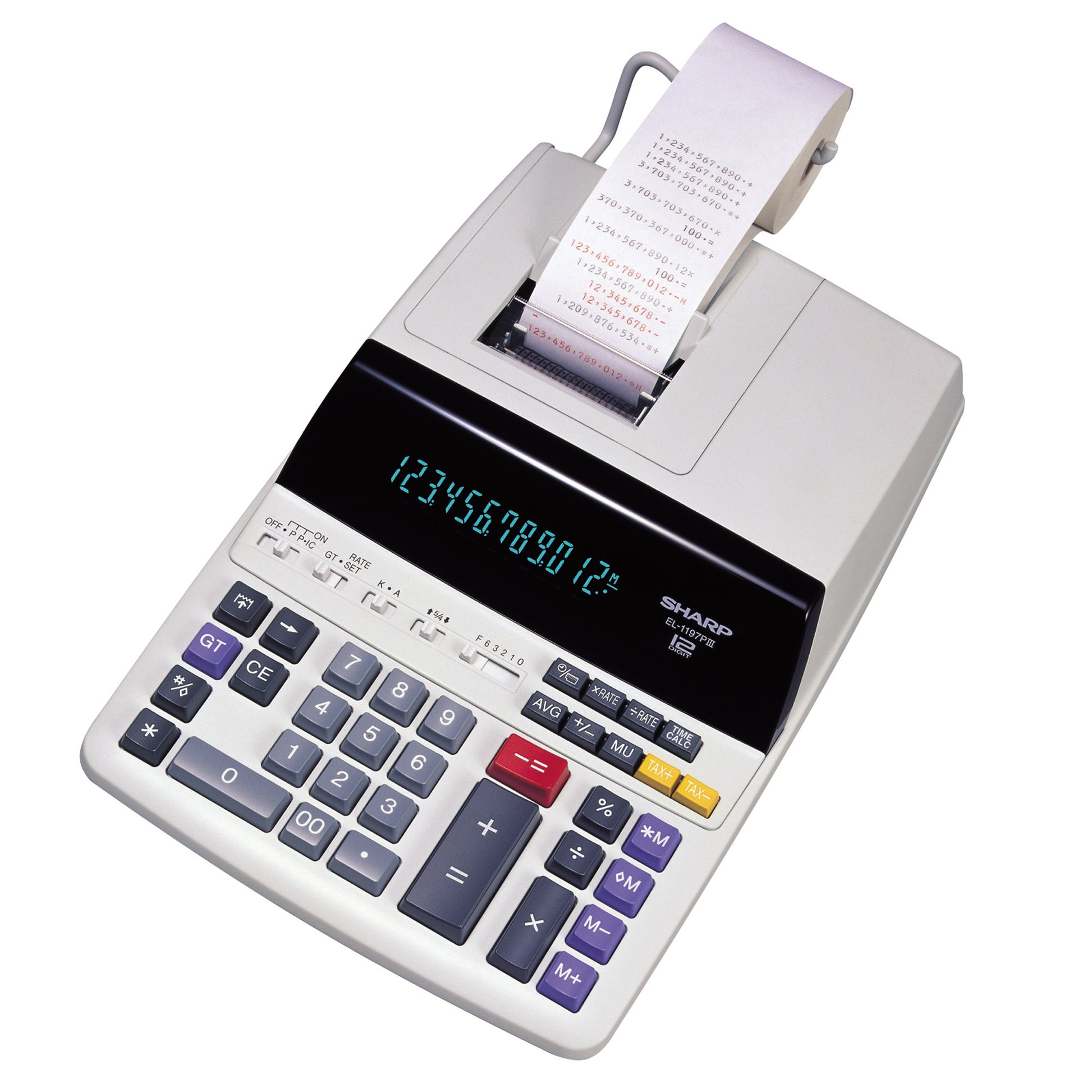 off-white color printing calculator with black and red text on the printed paper