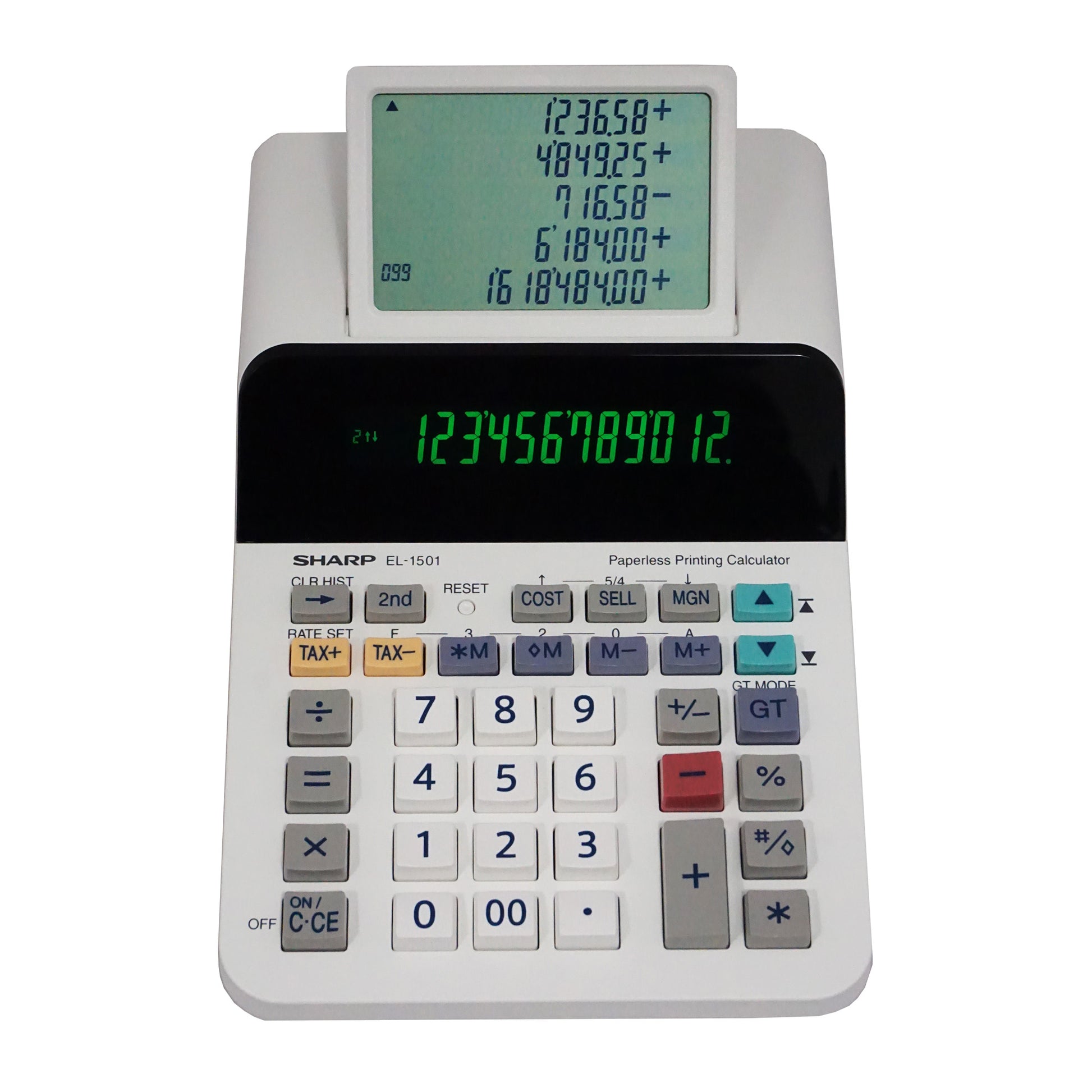 compact size printing calculator with scrolling digital display instead of printed paper roll
