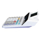 side view of paperless printing calculator with adjustable angle digital display