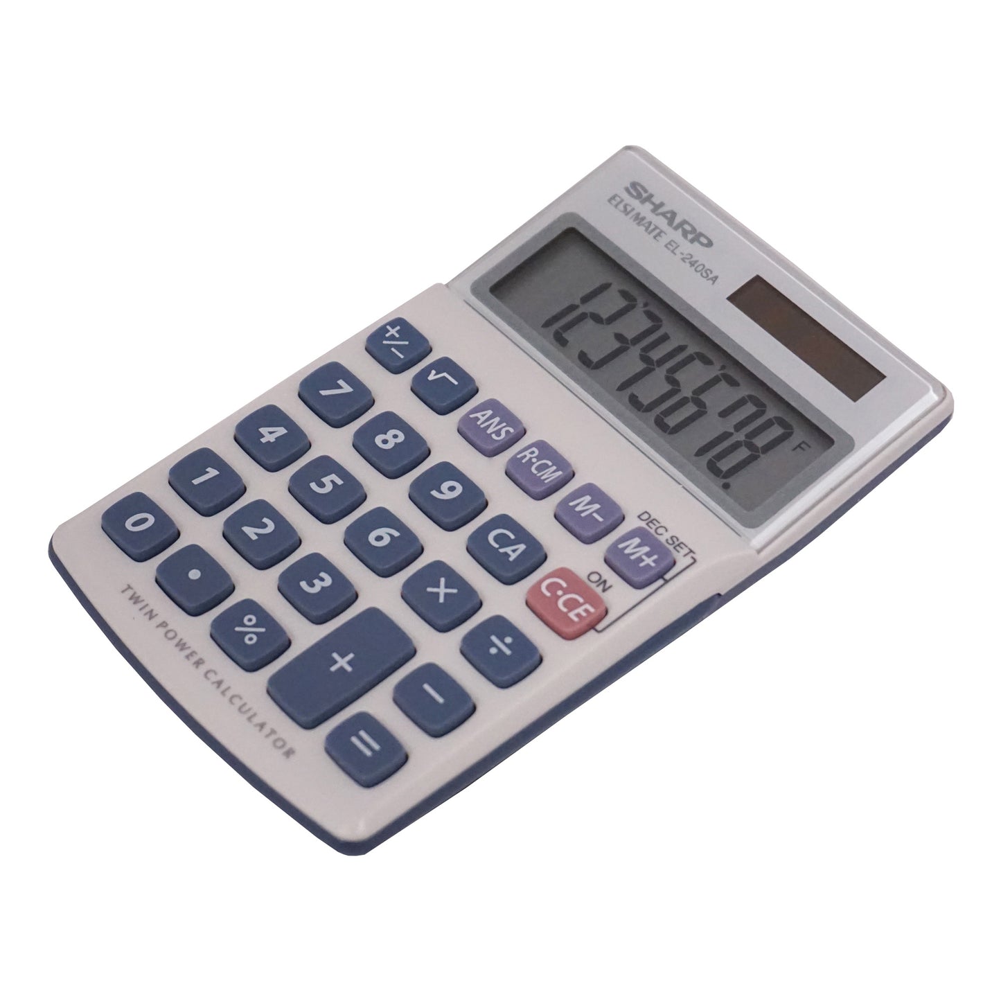 white handheld calculator with blue keys
