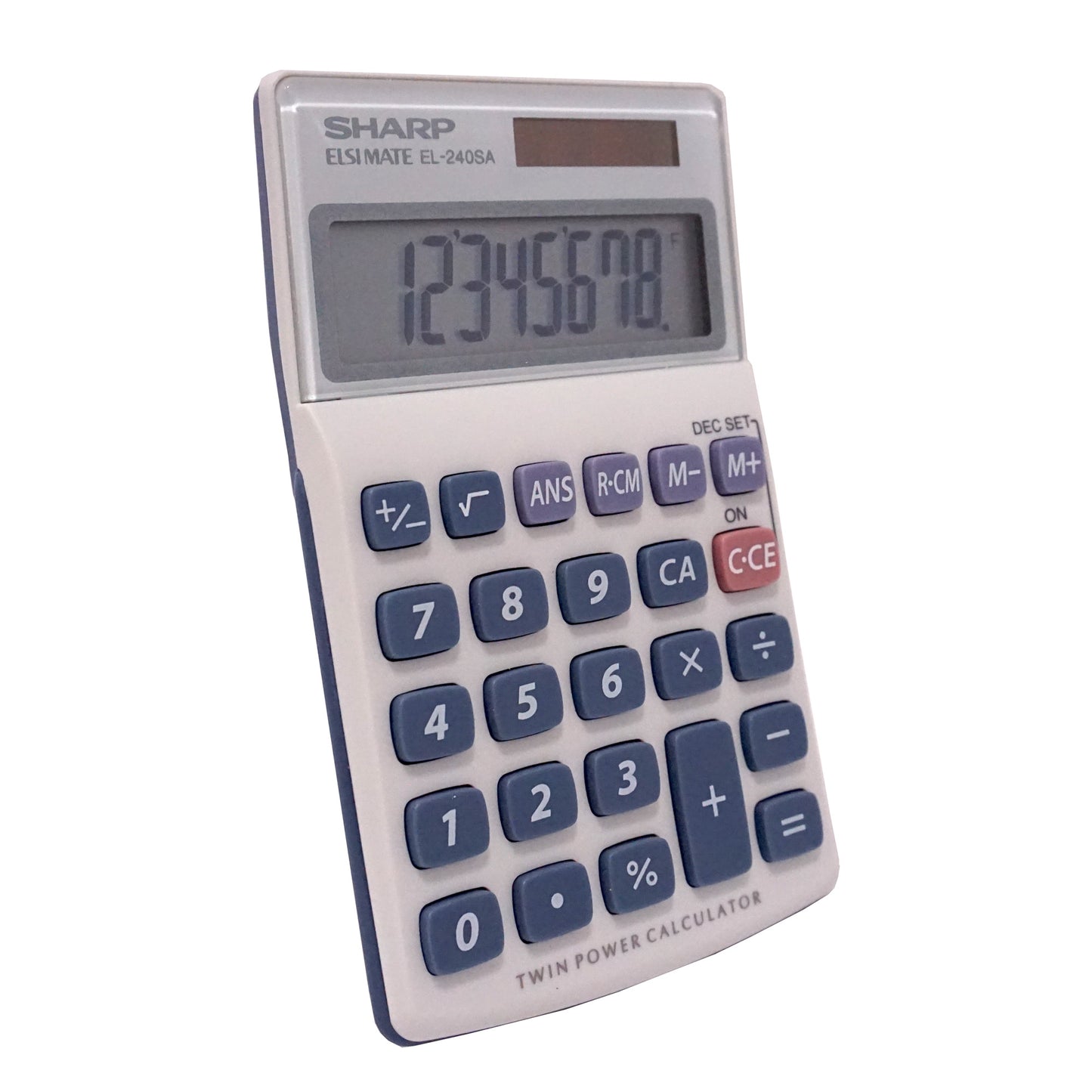 white handheld calculator with blue keys