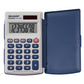 white pocket calculator with blue keys and hinged blue cover
