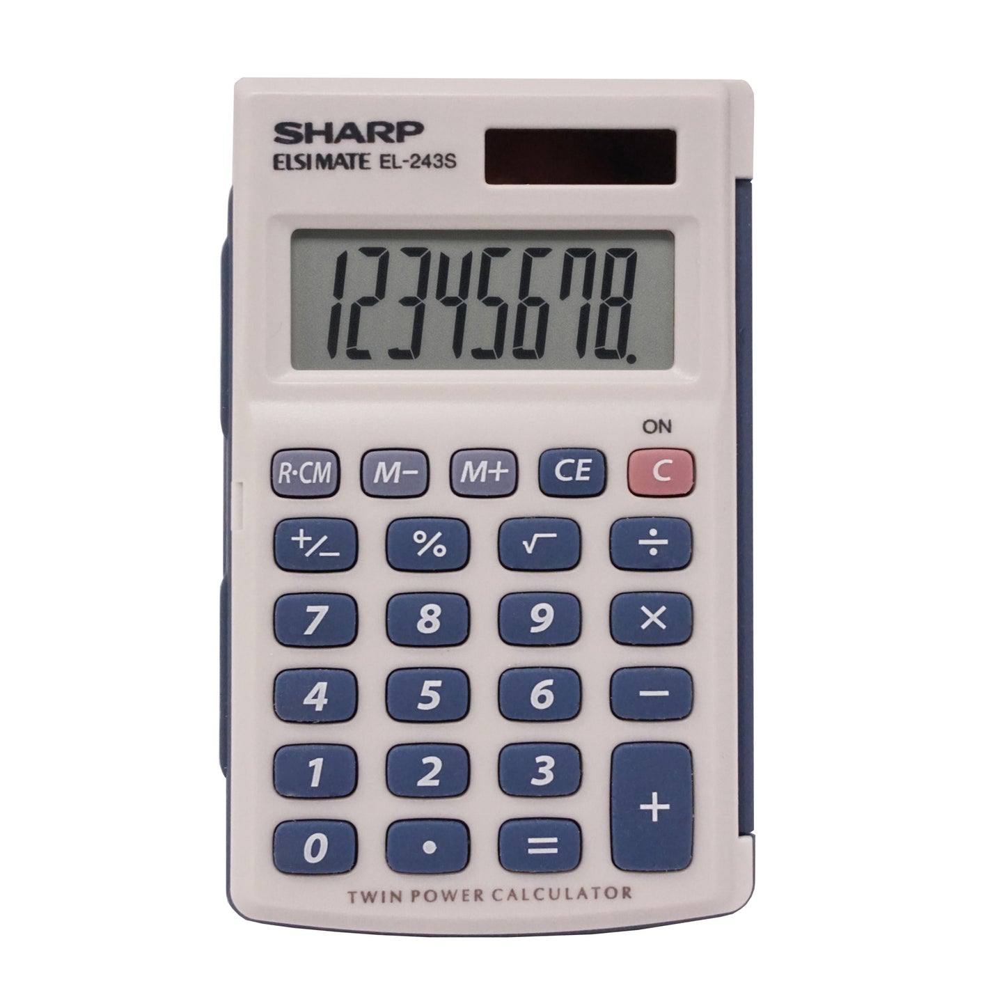 white pocket calculator with blue keys and hinged blue cover