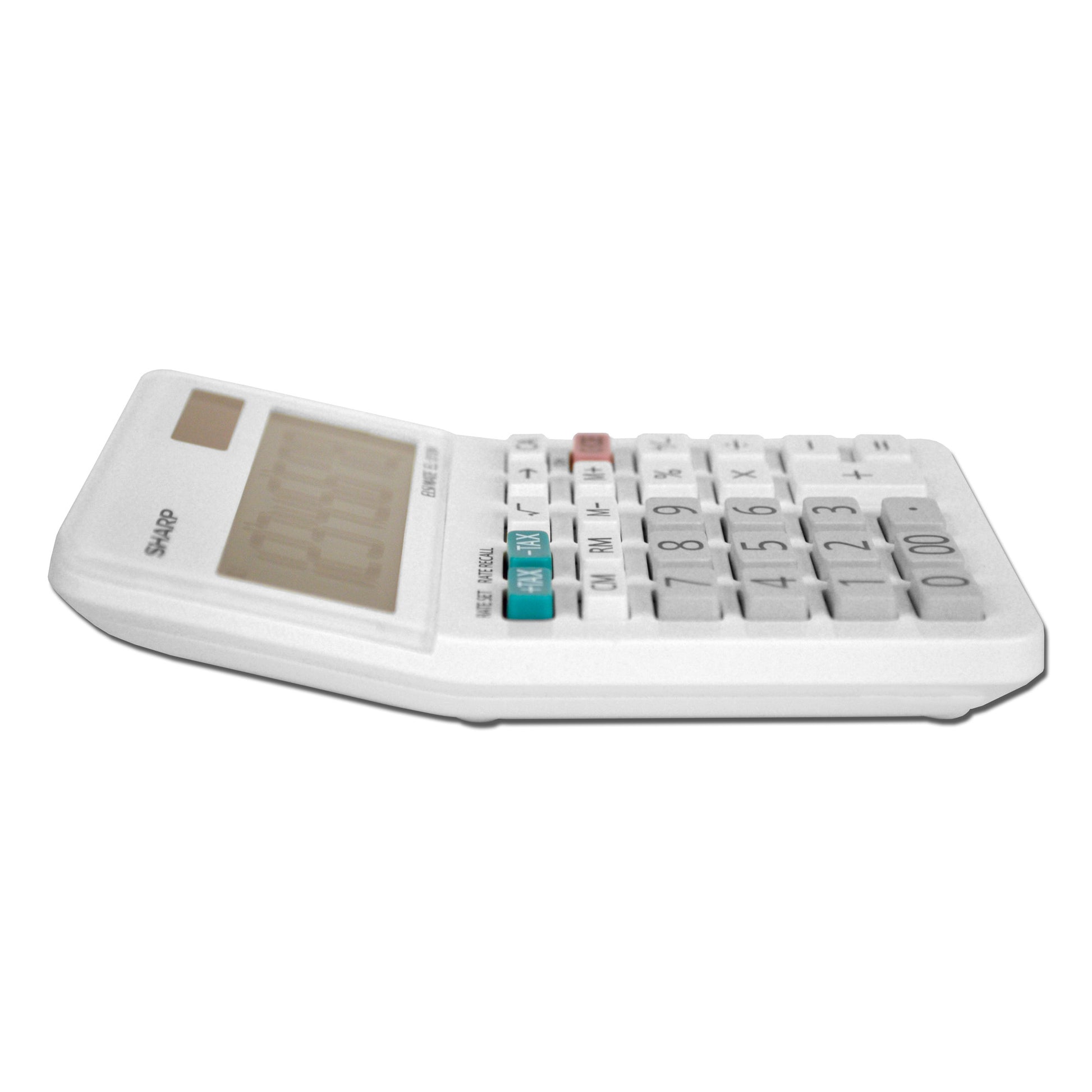side view of white mini desktop calculator