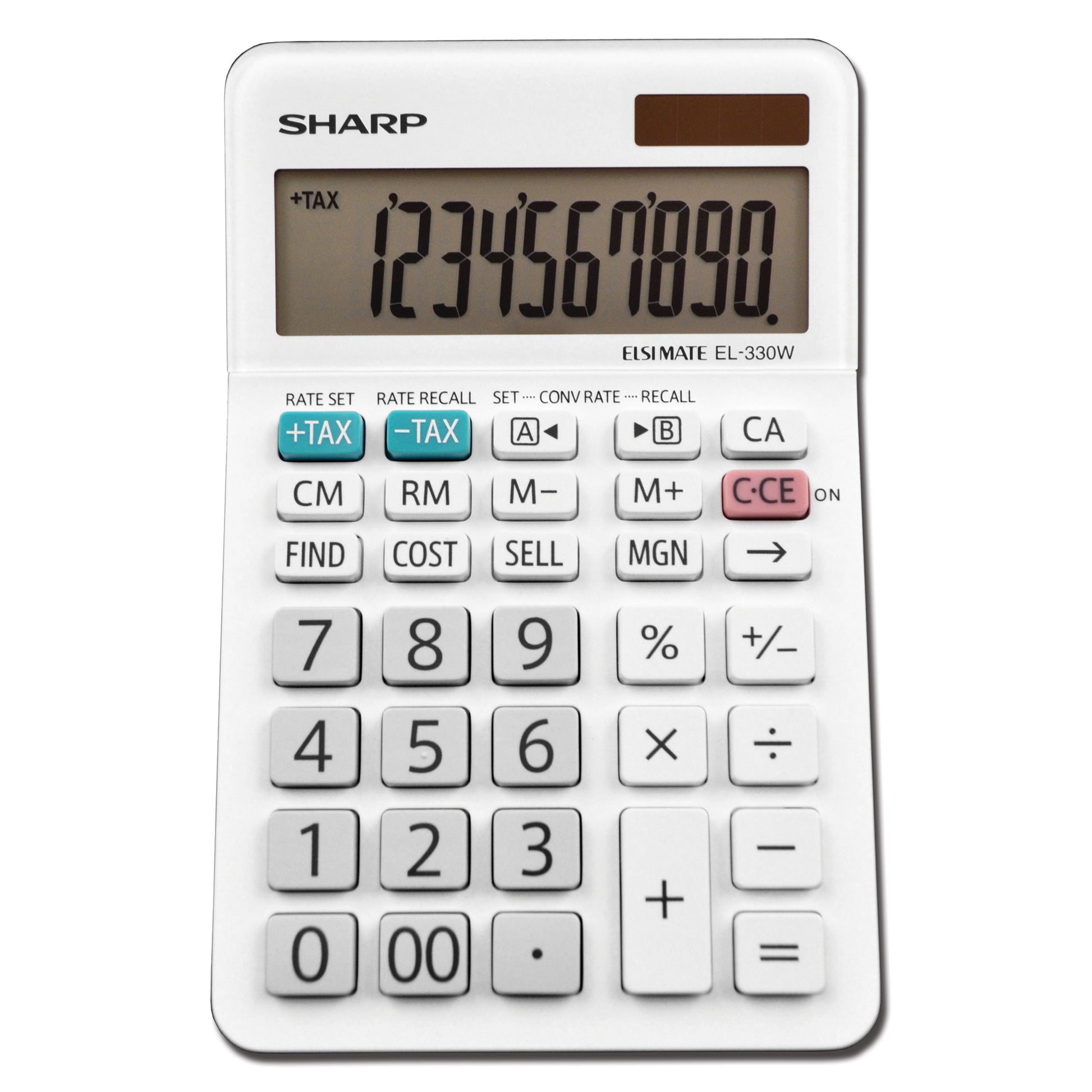 white desktop calculator with cost/sell/margin and currency conversion keys