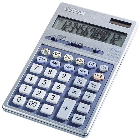 silver and blue desktop calculator with cost/sell/margin keys and decimal and rounding switches