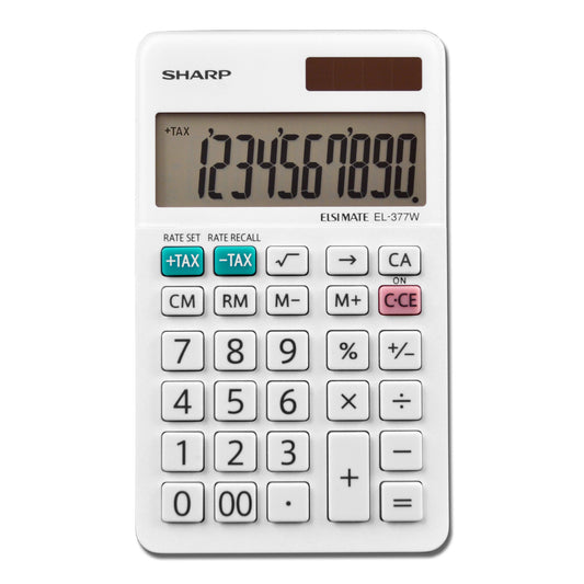 white handheld calculator with tax and backspace keys