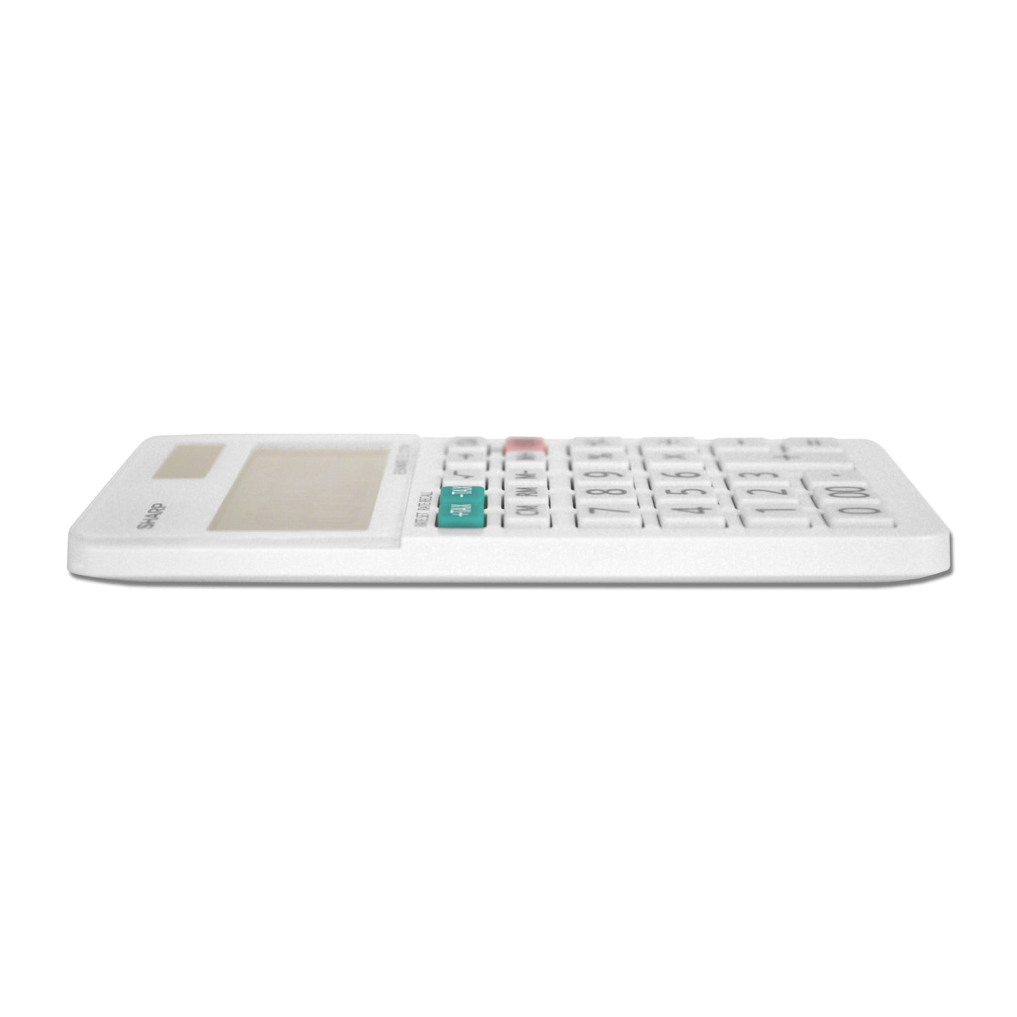 side view of white handheld calculator