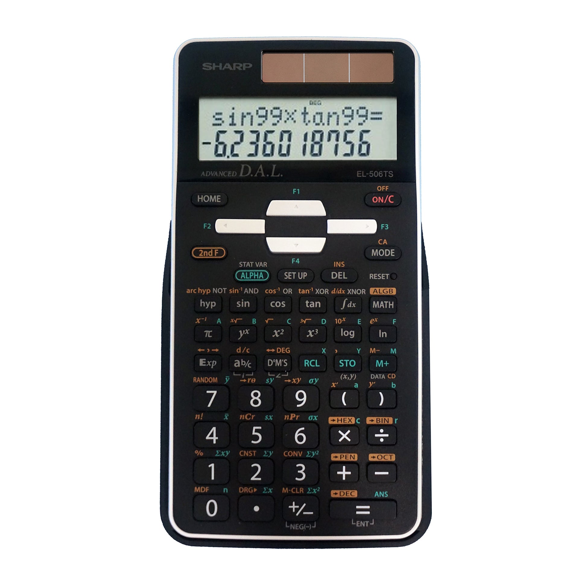 black scientific calculator with two line display and sliding hard cover
