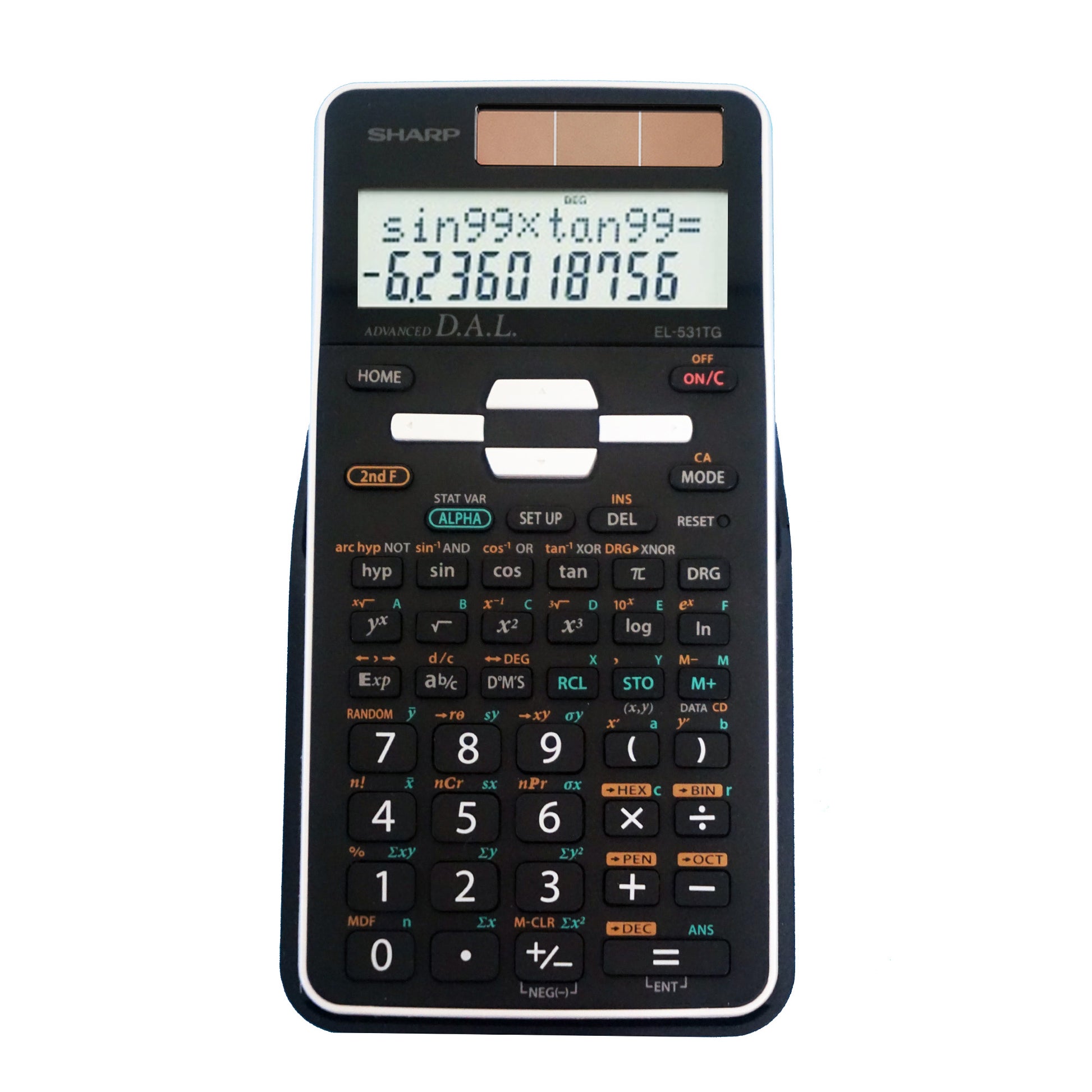 black scientific calculator with two line display