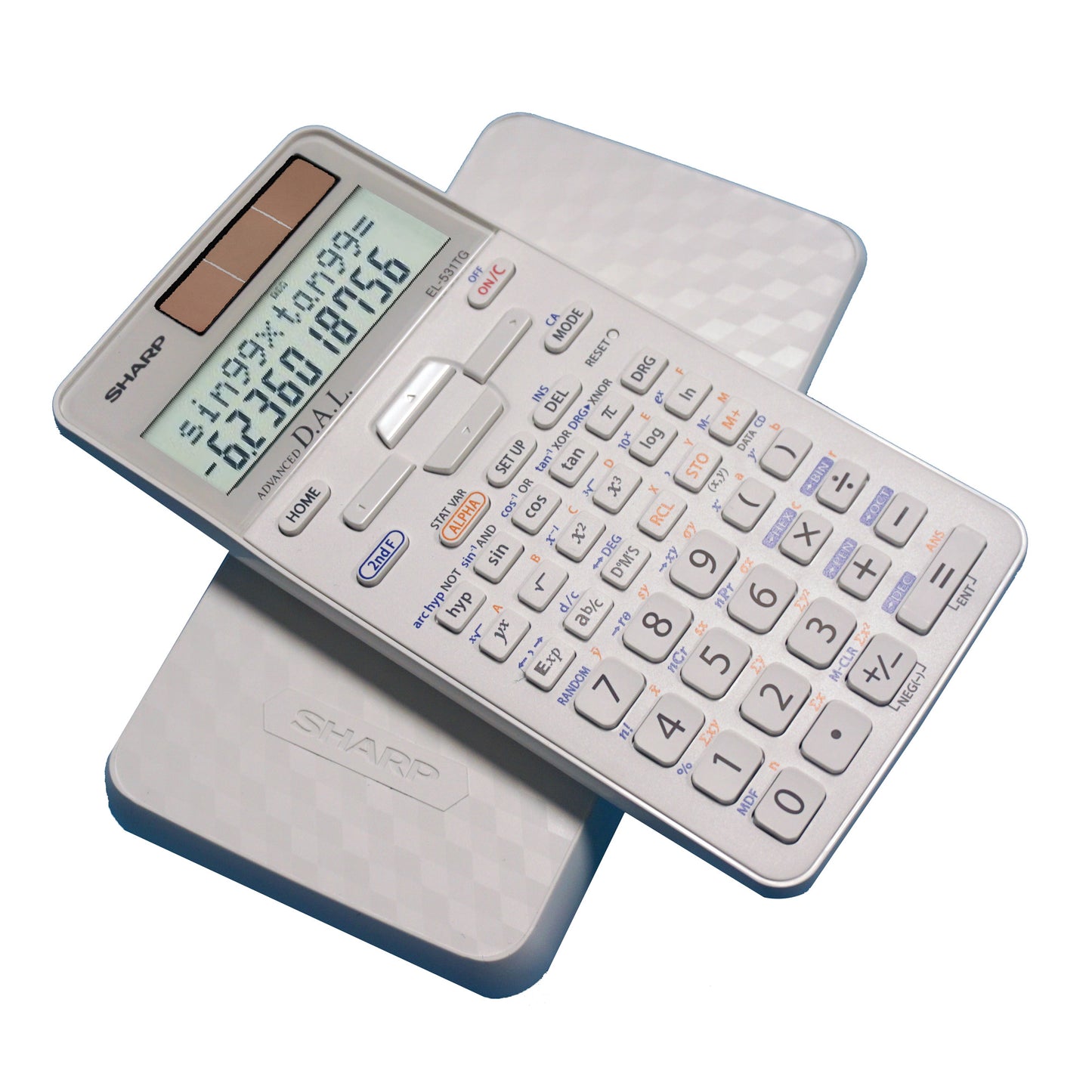 white scientific calculator with two line display and sliding hard cover