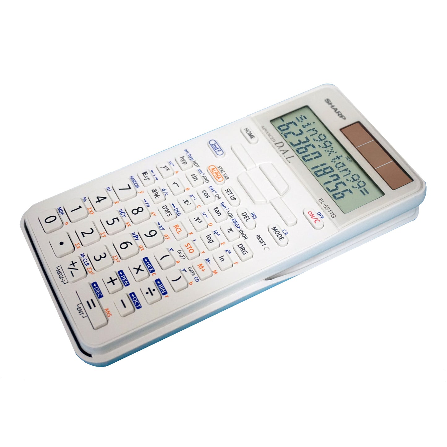 black scientific calculator with blue accents and hard cover sliding case