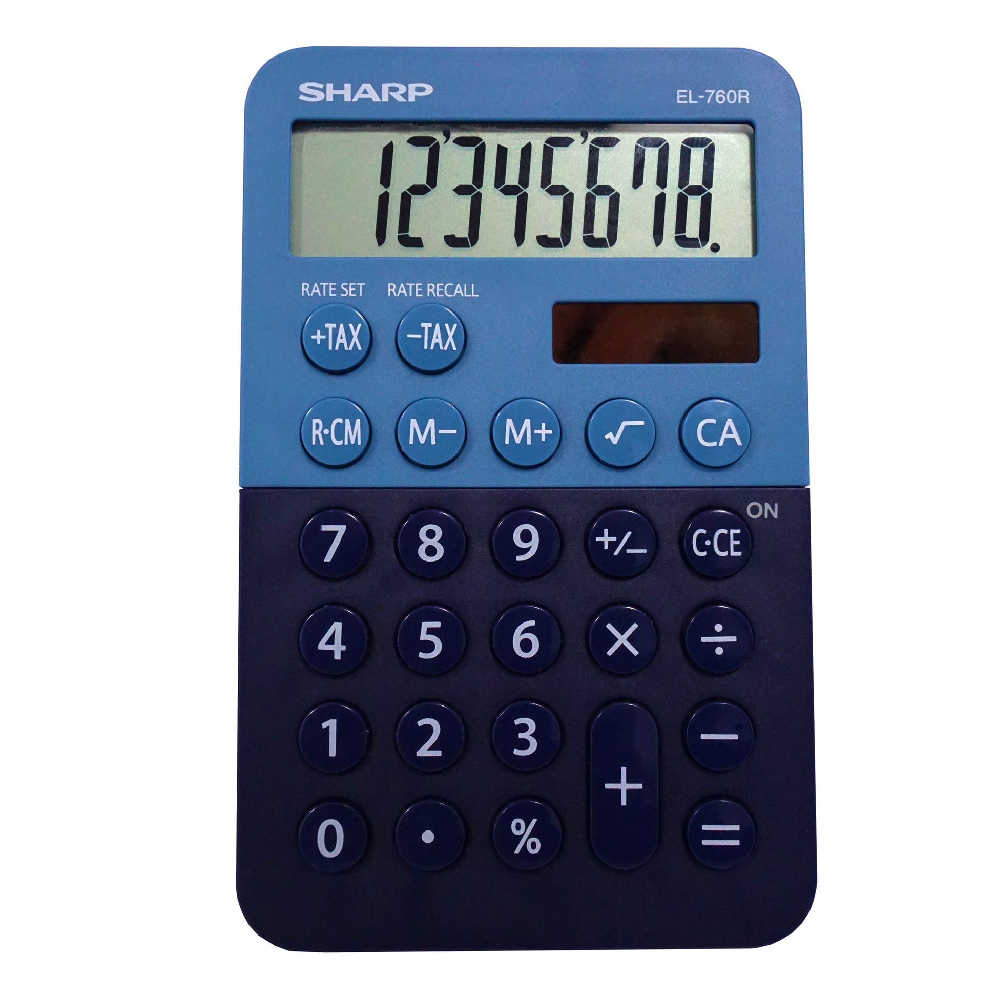 small desktop calculator with light and dark blue colors