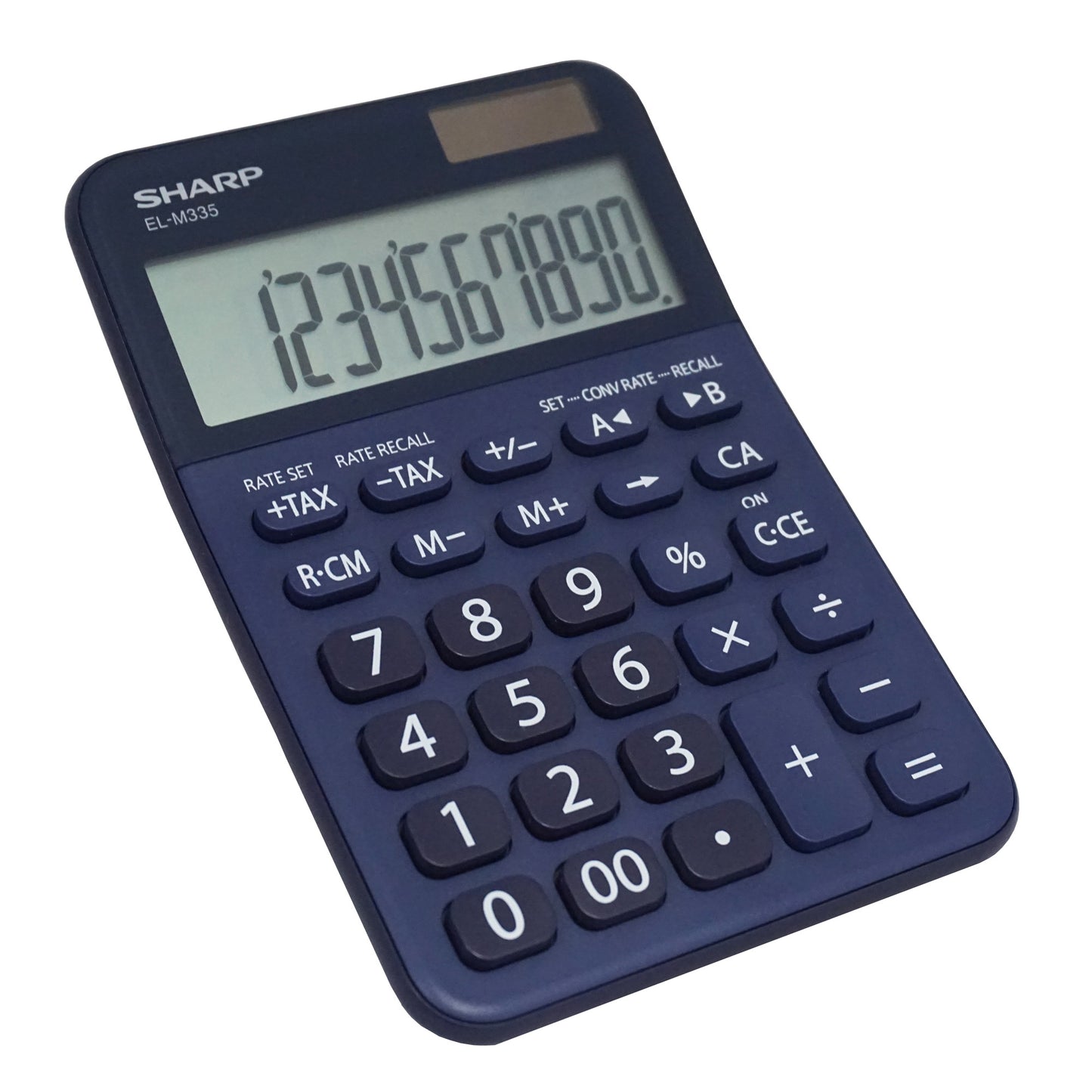 blue desktop calculator with extra large display on white background