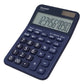 blue desktop calculator with extra large display on white background