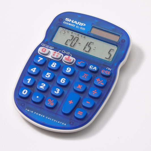 blue handheld calculation with pi key and math drills function