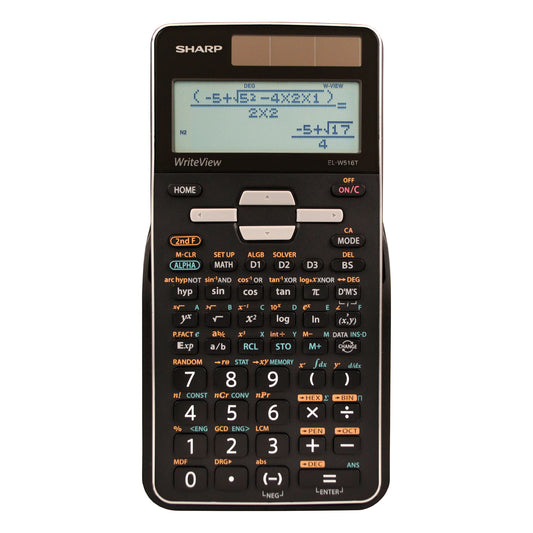 black scientific calculator with writeview textbook display and sliding hard cover