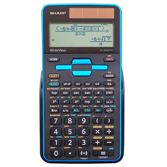 black scientific calculator with blue accents and writeview textbook style display