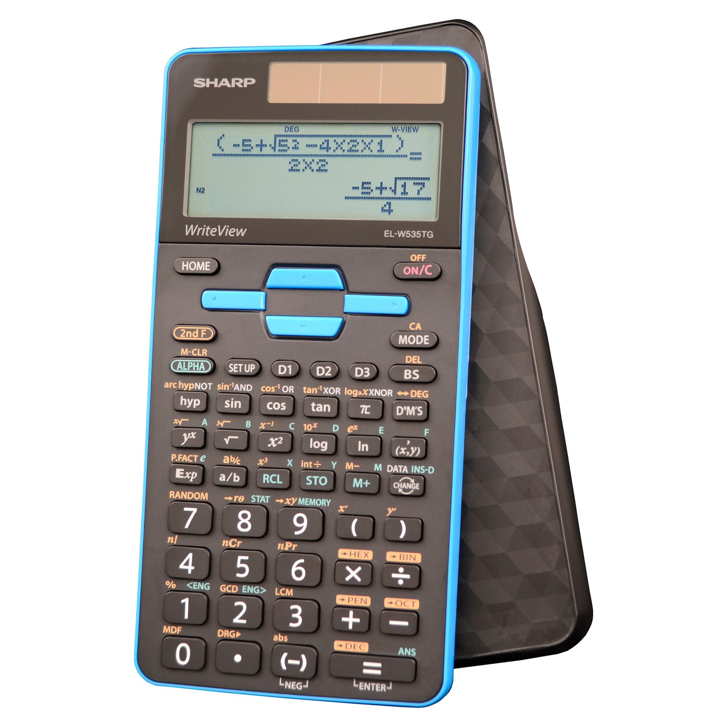 black scientific calculator with blue accents and writeview textbook style display and hard cover sliding case