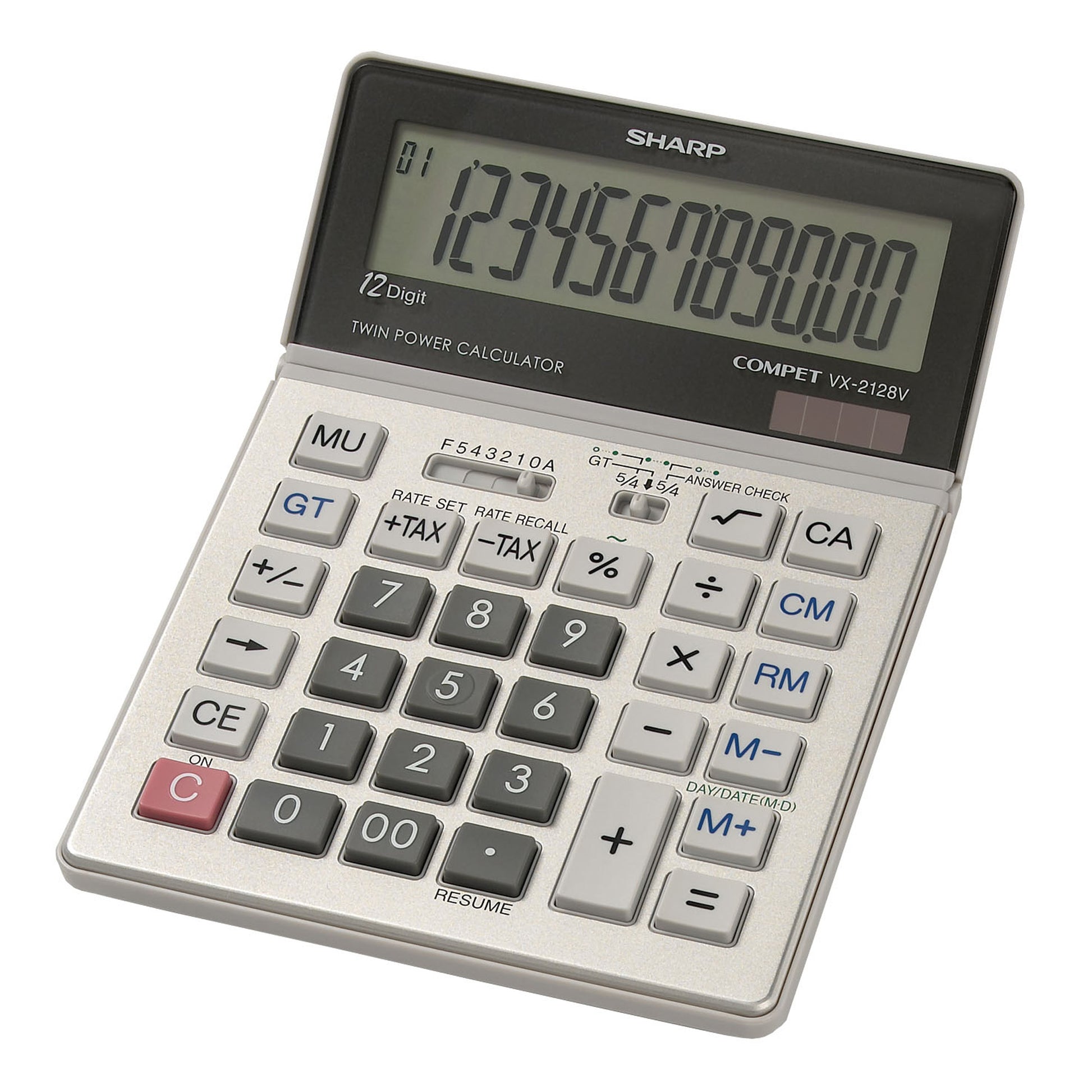 desktop calculator with large display, markup and grand total keys, and selectable decimal and rounding switches